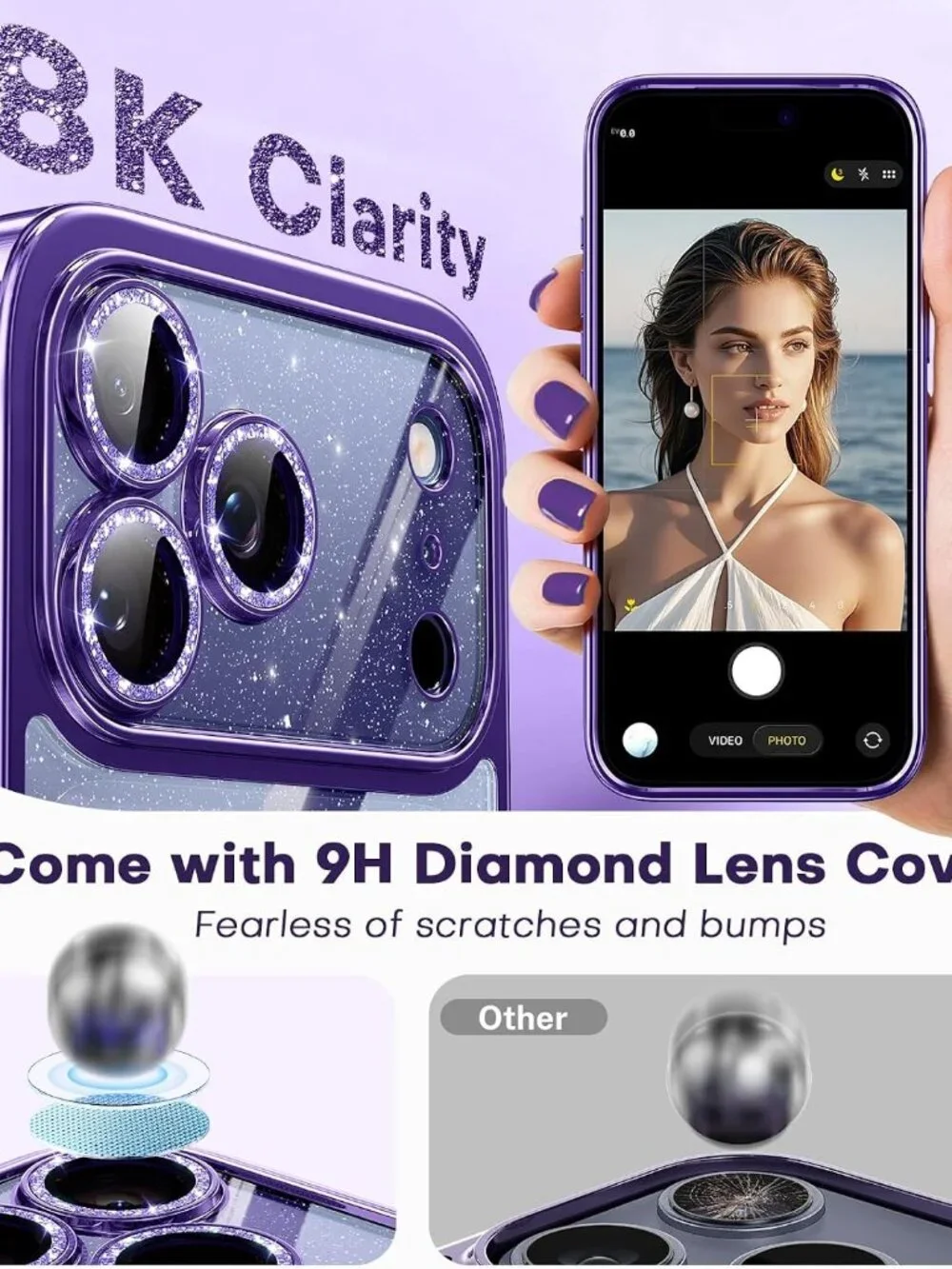 Glitter iPhone 17 Pro Case MagSafe Sparkly Bling Lens Protection Purple Cover
